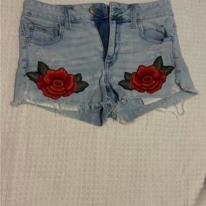 American Eagle Outfitters Light Blue Denim Shorts with Red Floral Appliqués